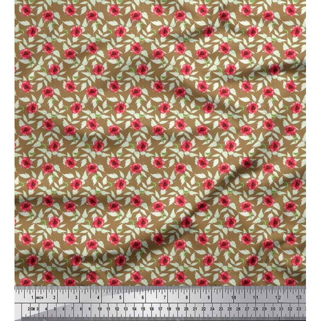 Soimoi Poly Georgette Fabric Leaves & Poppy Floral Print Fabric by Yard 52 Inch Wide