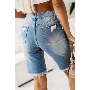 POGLIP Women's Sky Blue Button Fly Distressed Skinny Bermuda Denim Shorts