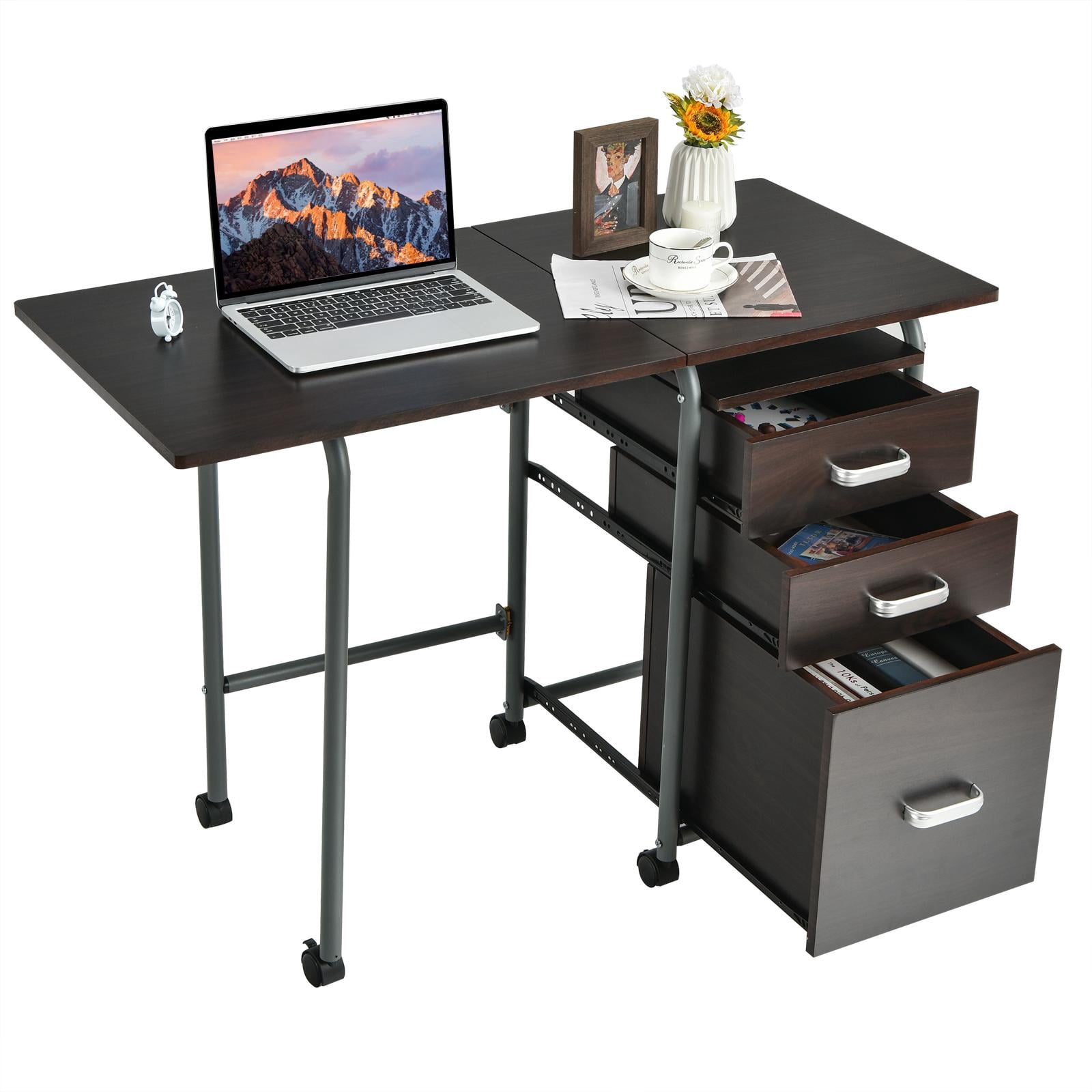 Giantex Folding Computer Study Desk, Home Office Desk w/Smooth Wheels & Large Drawers, Mobile Laptop Desk Writing Table (Brown)
