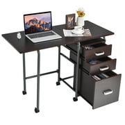 Giantex Folding Computer Study Desk, Home Office Desk w/Smooth Wheels & Large Drawers, Mobile Laptop Desk Writing Table (Brown)