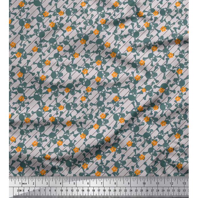 Soimoi Poly Georgette Fabric Diagonal Stripe,Cross Bones & Skull Decor Fabric Printed Yard 52 Inch Wide