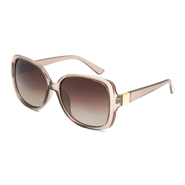 Time & Tru Women's Polarized Oversize Square Sunglasses with translucent beige structured frames, rose gold accents on temples, and gradient brown polarized lenses offering 100% UVA/UVB protection and glare reduction, ideal for everyday wear and city outings.