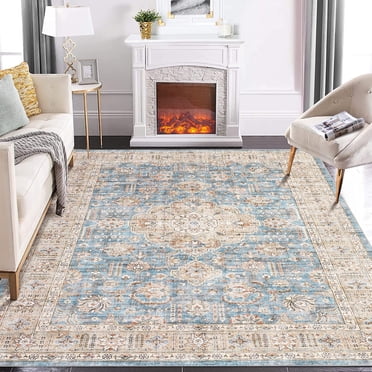 YUSAZENS 8 x 10 Boho Floral Vintage Area Rug, Distressed Washable Carpet, Foldable Anti-Slip Stain-Resistant Floor Cover for Living Room, Bedroom Blue