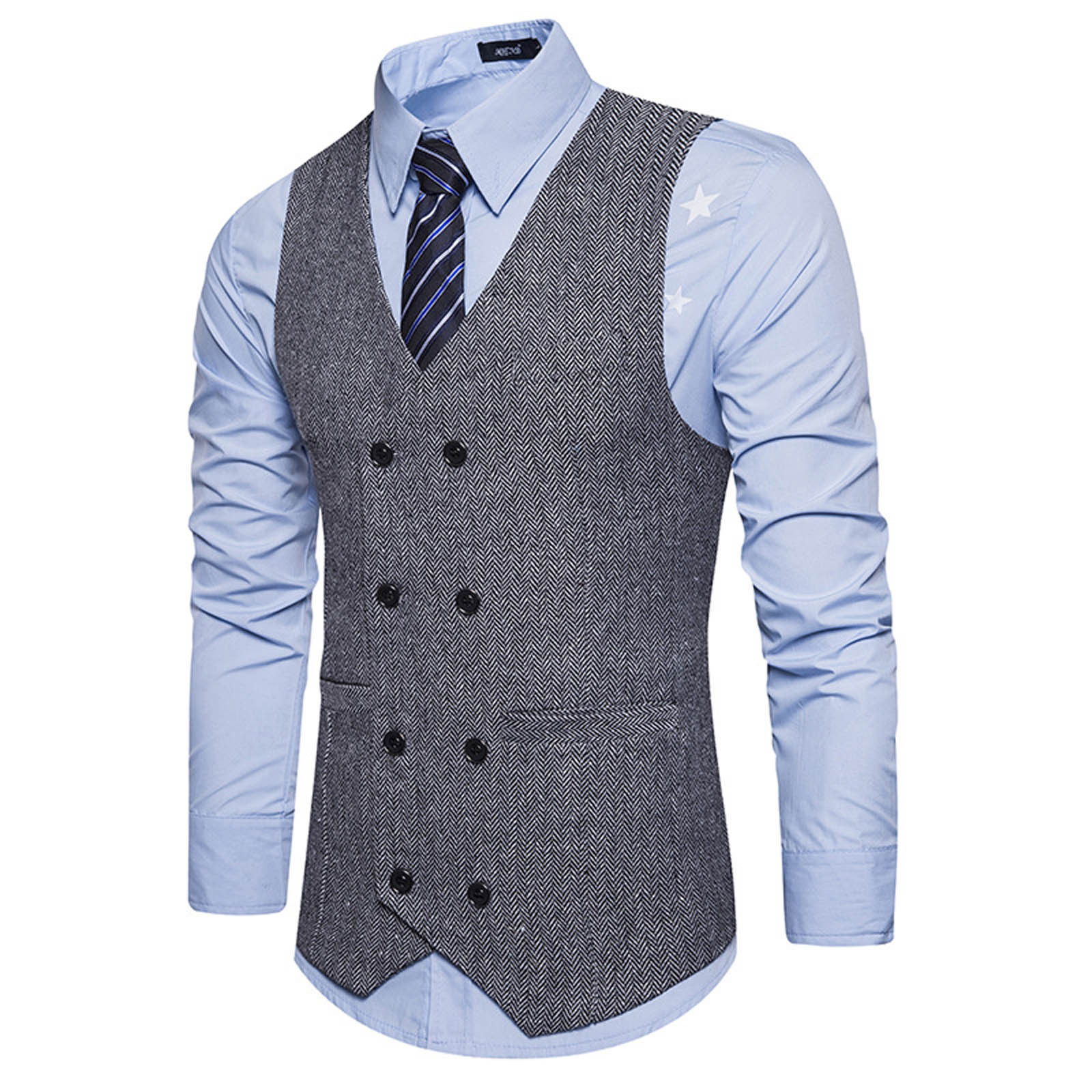 Men Woolen Double-breasted Vest Suit Retro Business Waistcoat