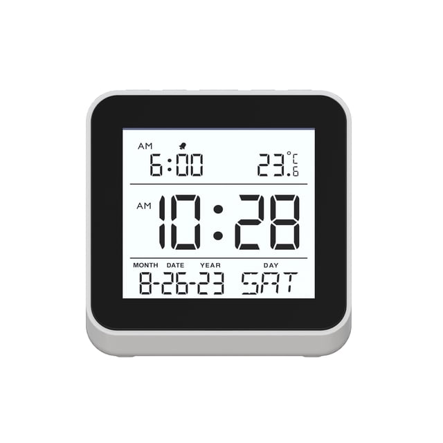 Tendances pour la Maison PL Horloge LCD Blanche, Réveil compact à Boîtier Carré Blanc et Noir Incliné avec Écran LCD de 4,3 Pouces Affichant une Grande Heure Numérique Blanche; Affiche Aussi la Température Intérieure, le Jour de la Semaine et la date. Mesure 4,3 Pouces H x 4,3 Pouces L x 3,3 Pouces P; Idéal sur les Tables de Nuit, les Bureaux Ou les Comptoirs de Cuisine et Sert Souvent d'Alarme portable pour le Bureau.