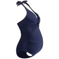 thumbnail image 1 of Maternity Swimwear One Piece Halter Pregnancy Swimsuit Solid Bathing Suit with Drawstring Adjustable Navy(3XL, 1 of 9