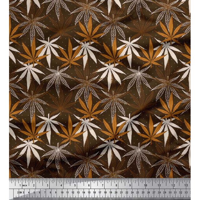 Soimoi Polyester Crepe Fabric Dot & Chestnut Leaves Print Fabric by Yard 52 Inch Wide