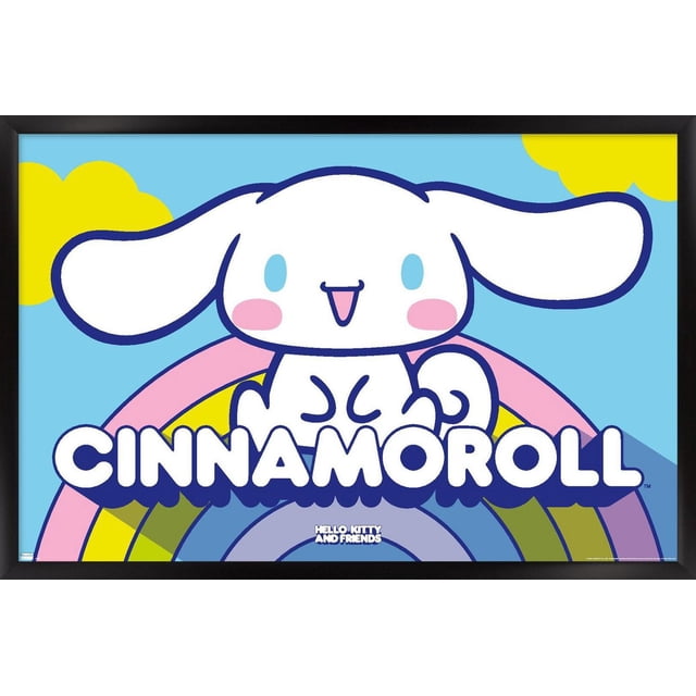 Hello Kitty and Friends : 22 Over The Rainbow - Affiche Murale Cinnamoroll Mettant en Vedette un Dessin Animé Centré et Orienté vers l'Avant de Cinnamoroll, un Chiot Blanc aux Longues Oreilles, aux Yeux Bleus et aux Joues Roses, Assis au-Dessus d'Un Arc-en-Ciel Multicolore avec des Nuages Jaunes sur un Fond Bleu. Cette Impression d'Art Mural Brillante Est Légère et Facile à Accrocher, Convient pour Décorer les Chambres Ou les Bureaux d'Enfants.
