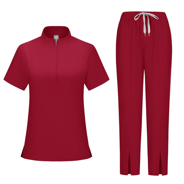Ktyne Ensembles de Sarraus pour Femmes Rouge Uniforme d'Infirmière Extensible Haut de Sarrau à Manches Courtes et Pantalon Jogger Ensemble de Sarraus Uni avec Multiples Poches Bourgogne G