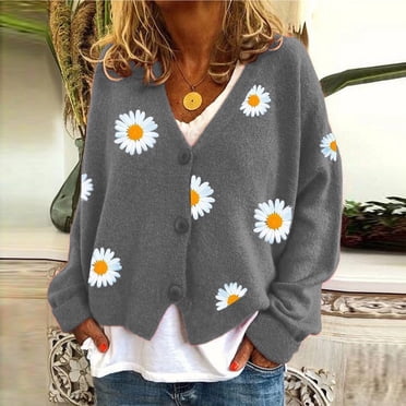 LOVZFMLL Cardigan for Women's Fashion Winter Casual Floral Printed Long Sleeve Knitted Cardigan Sweater Coat