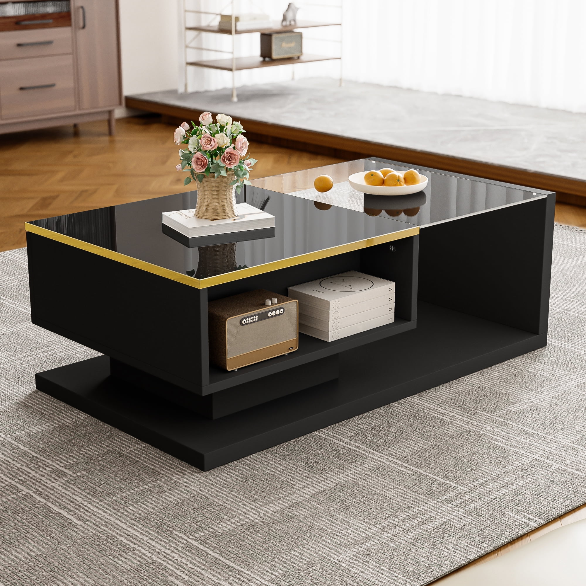 Noble House 39.4" High-Gloss Black Coffee Table, Tempered Glass with Dimmable LED, Storage Compartment & Open Shelves,Black