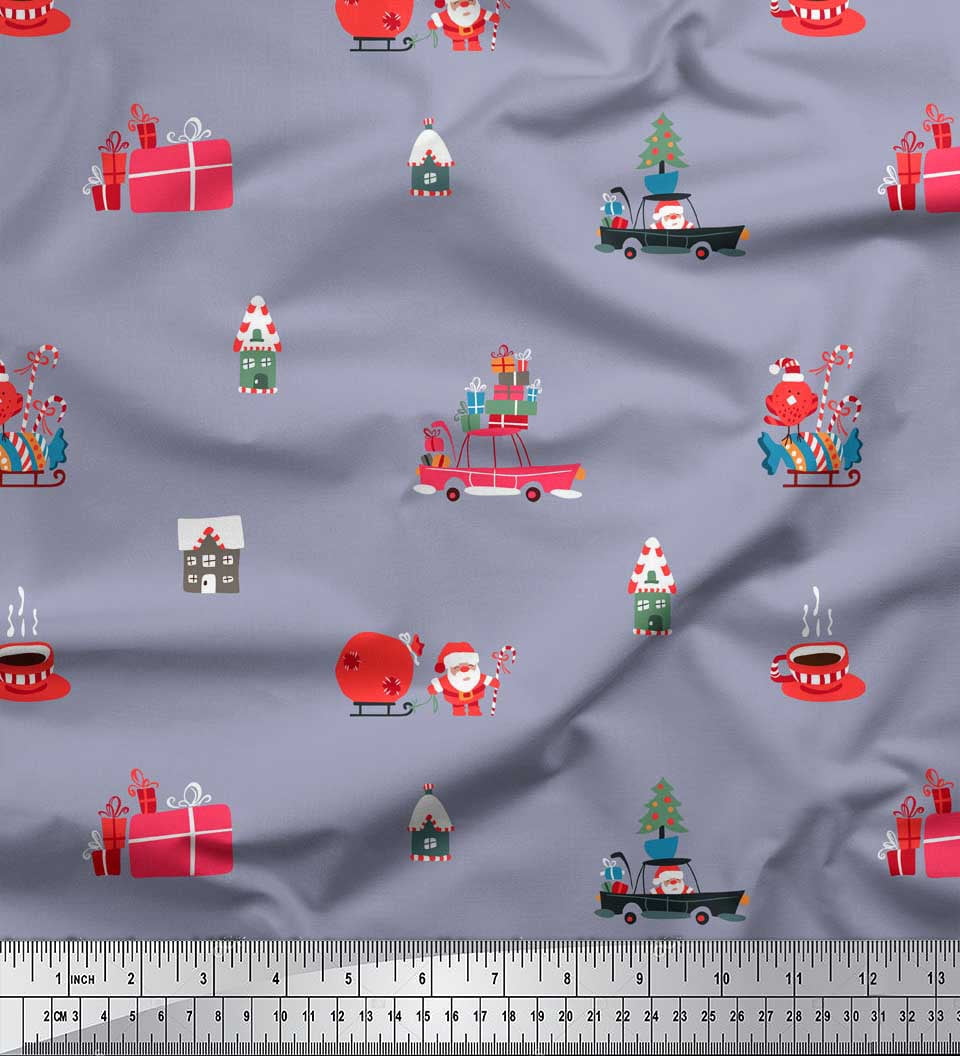 Soimoi Poly Georgette Fabric House,Gift Box & Santa Christmas Fabric Prints By Yard 42 Inch Wide