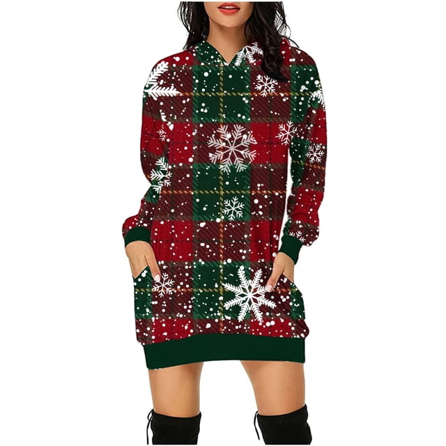 Jsaierl Robe à Capuchon pour Femmes Noël Grande Taille Tunique de Noël Chandails à Capuchon Robes Chandail Femme Tenue d'Automne Tendance