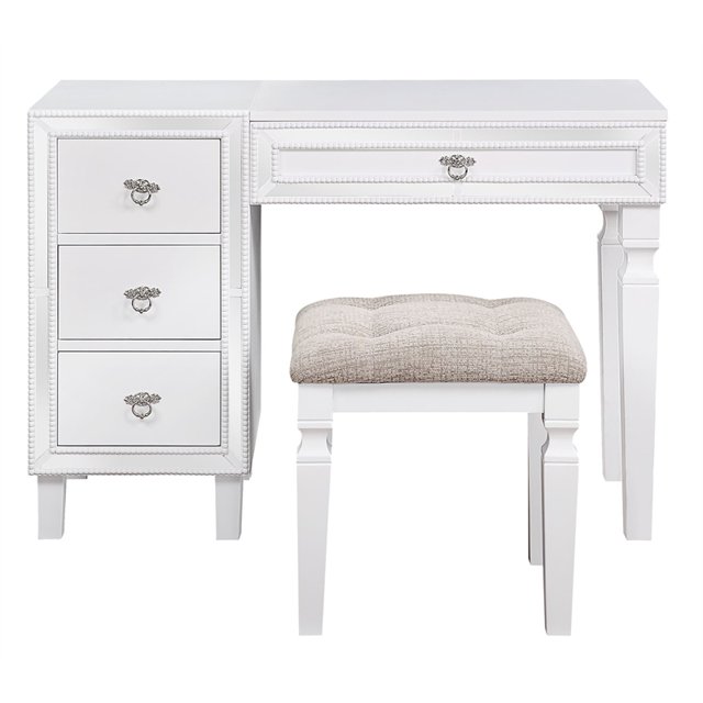 Poundex Ensemble de Coiffeuse en Bois avec Miroir Relevable et Tabouret - Blanc