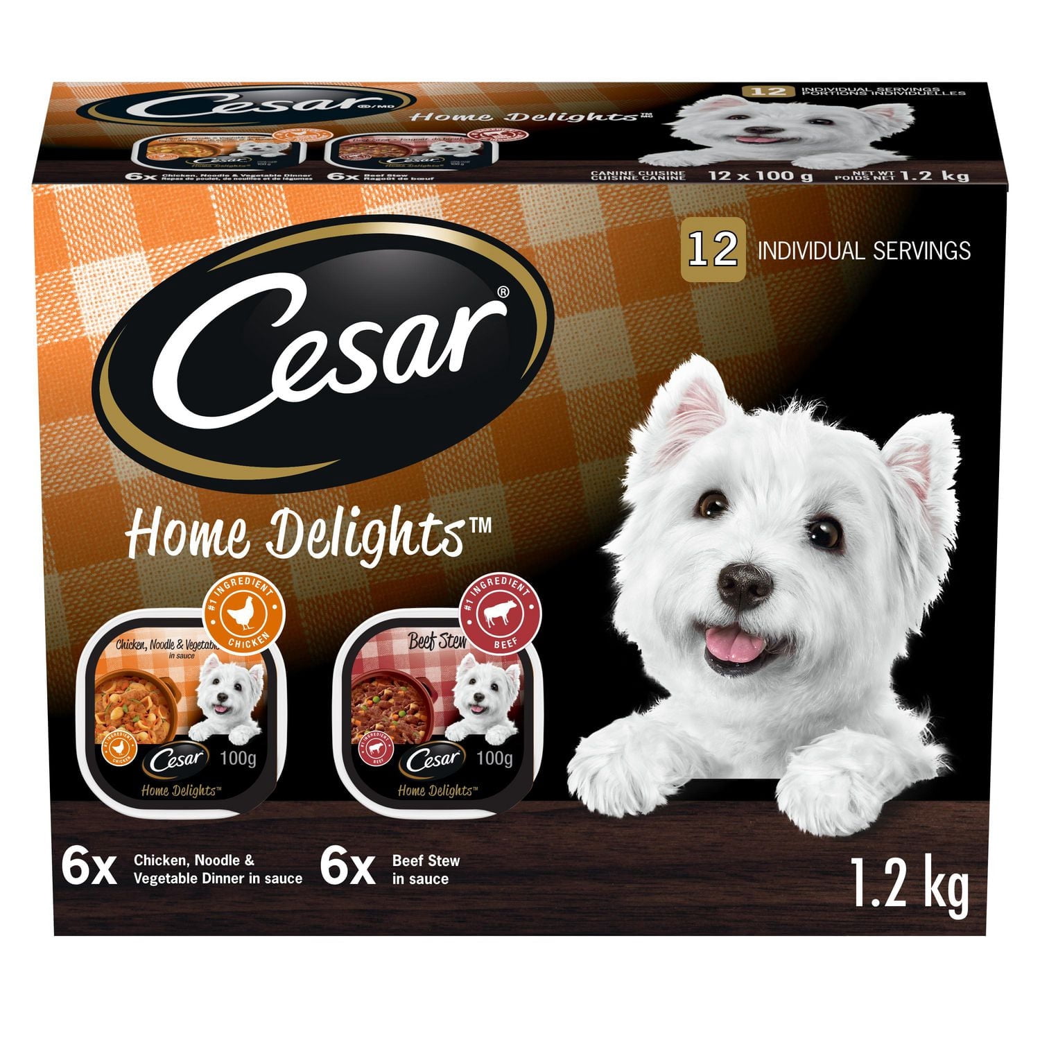 Cesar Home Delights Ragoût de Bœuf et Poulet, Nouilles et Légumes Paquet Varié Nourriture pour Chien Adulte Humide et Tendre, 12x100g