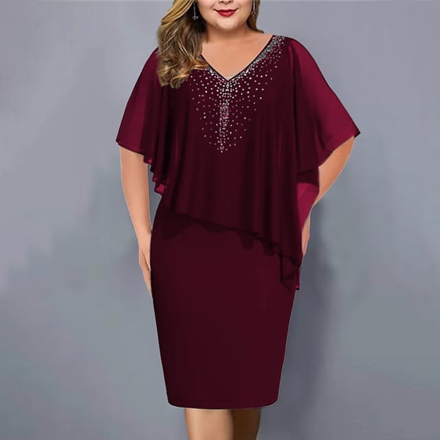 Meichang Robes Formelles pour Femmes Invitées de Mariage Robe Midi Grande Taille Robes en Chiffon Robe de Soirée Robe de Bal Élégante Robes à Col en V