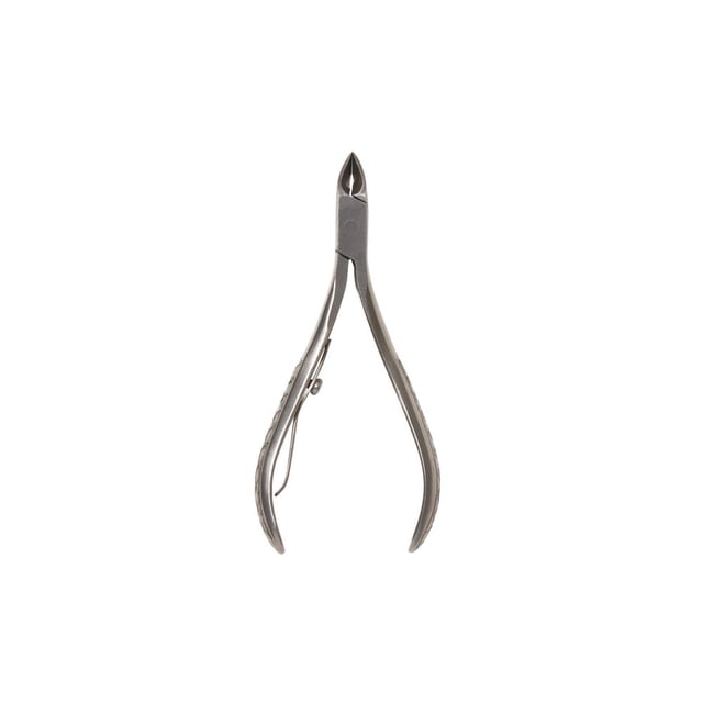 Revlon Half Jaw Cuticle Nipper precision-crafted blades with short curved half-jaw for petite cuticles and hangnails; rotate internal spring lever 180° to activate, then palm-hold and squeeze handles for controlled nips; often used for precise nail-art cleanup.
