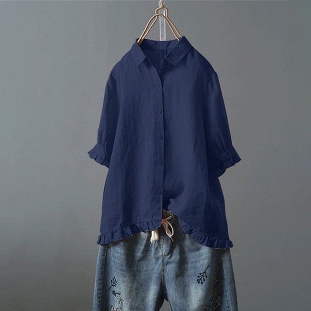 BVOFAR Women's Cotton Linen Button Down Shirts Summer Solid Color Blouses Trendy Casual 3/4 Sleeve Tops Ruffle Hem Plus Size T-Shirts