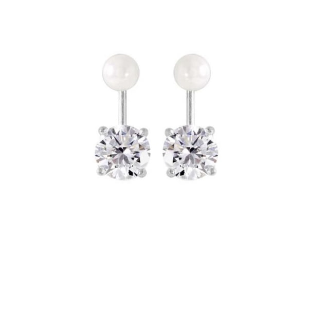 Luxury Designs Veste d'Oreille Interchangeable et Clous de Perles avec Clous de Perle Blancs Orientés vers l'Avant Reliés par des Poteaux Argentés à de Grandes Vestes d'Oreille Rondes en Zircon Cubique en Montures Argentées à Quatre Griffes sur Fond Blanc, Idéal pour un Port Polyvalent et la Superposition dans les collections de Boucles d'Oreilles pour Femmes.