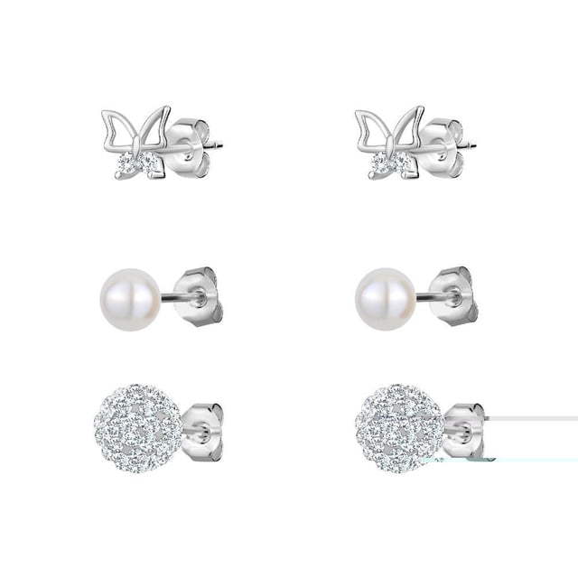 Luxury Designs Ensemble de 3 Clous d'Oreilles en Argent Sterling Comprenant un Clou Papillon Plaqué rhodium avec accents de Zircone Cubique, un Clou Classique Rond en Perles et un Clou en Grappe Sphérique en Zircon Cubique, Idéal pour Superposer Ou Porter Seul.
