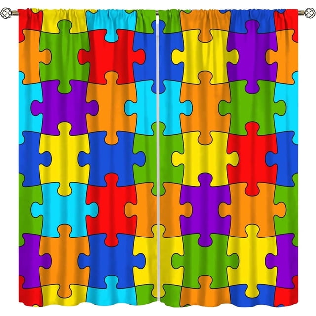Puzzle Kitchen Curtains, Colorful Puzzle Pieces Fractal Children Hobby Activity Leisure Toys Cartoon Image, Window Drapes Set 2 Panels,42x54 Inches