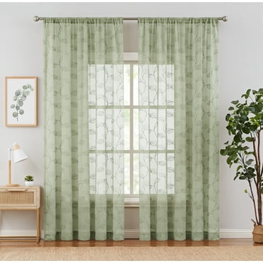Curtainking Rideaux Transparents pour Salon Rideaux de Fenêtre à Feuilles Brodées Longueur 84 Pouces Voilages Filtrant la Lumière Chambre Poche pour Tringle 2 Panneaux Sauge