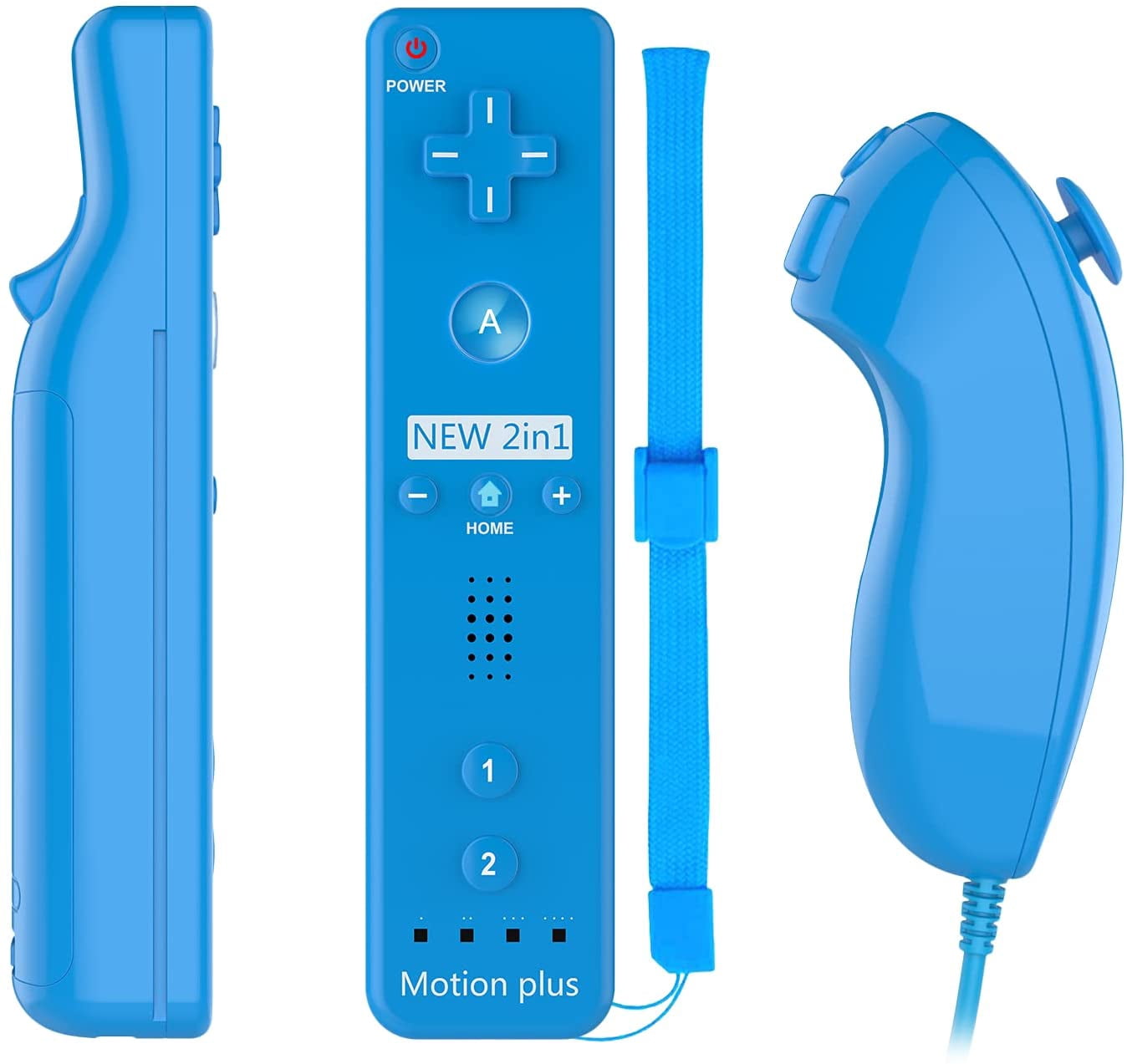 Wii Controller Compatible with Nintend Wii, Wii U with Motion Plus, 1 Pack Wii Remote and Nunchuck Controller with Silicone Case and Wrist Strap (Blue)