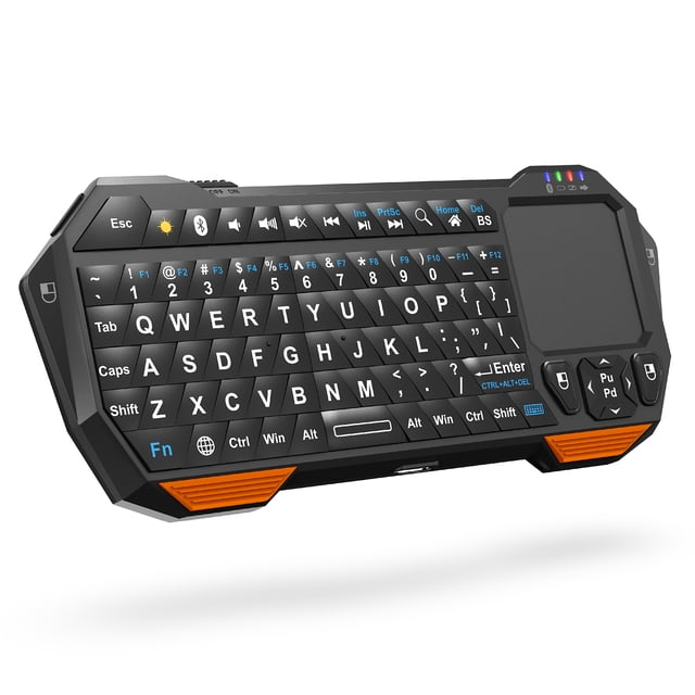 Fosmon Mini Bluetooth Keyboard with USB-C charging, a portable QWERTY keypad with integrated touchpad and backlit keys for dark environments. Features orange accents, multimedia control buttons, and wireless connectivity with a 33ft range. Ideal for gaming, browsing, and streaming on devices like Apple TV, Amazon Fire Stick, PS4, PS5, VR glasses, and smartphones. Rechargeable battery lasts up to 10 days.