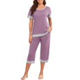 thumbnail image 2 of Mikilon Pyjama Décontracté pour Femmes Ensemble de Pyjama Décontracté Ample Couleur Unie Col Rond Manches Courtes 7 Pantalons Ensemble de Maison Pantalon de Pyjama Funky Confortable Manches Courtes Col Rond Ensemble Haut/chemise Violet TP, 2 of 9