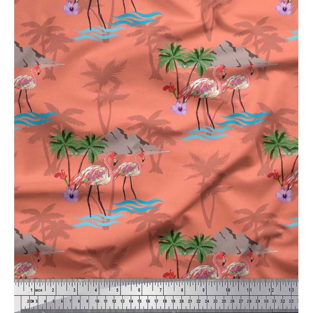 Soimoi Orange Viscose Chiffon Fabric Palm Tree, & Flamingo Bird Printed Fabric 1 Yard 42 Inch Wide
