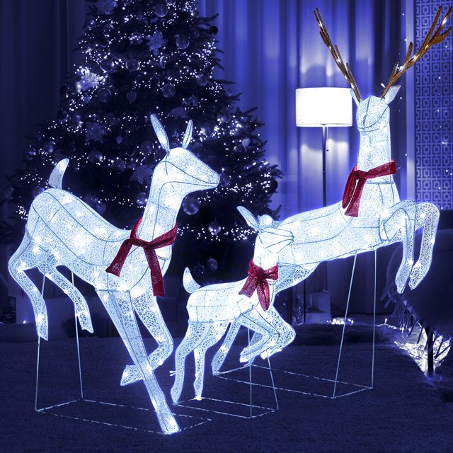 Gymax 3 PCS Christmas Lighted Reindeer Family Set w/255 Cold W/ LED Lights Stakes