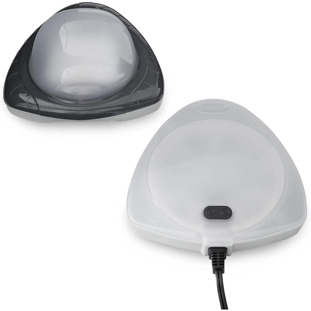 Intex Magnetic LED Pool-Wall Light (110-120 Volt) featuring two triangular magnetic units with rounded edges; one translucent white with power cord and dual connectors, the other black with a clear dome, designed for easy magnetic wall mounting to illuminate pools up to 24 feet with smooth-changing multi-color LED lighting safe for poolside use.