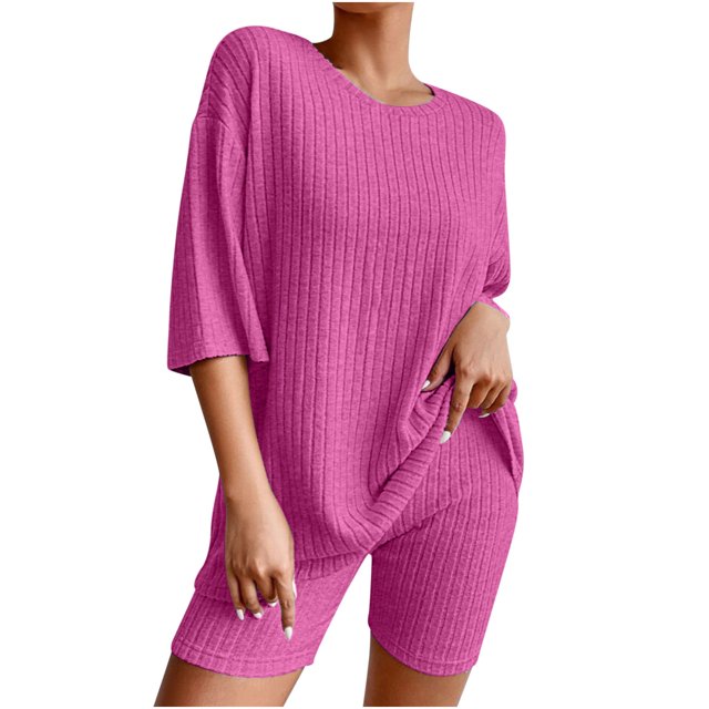 Womens Summer Tops Loose Fit Womens Summer Casual Comfortable Loose Version Crewneck Suit Two-Piece Set