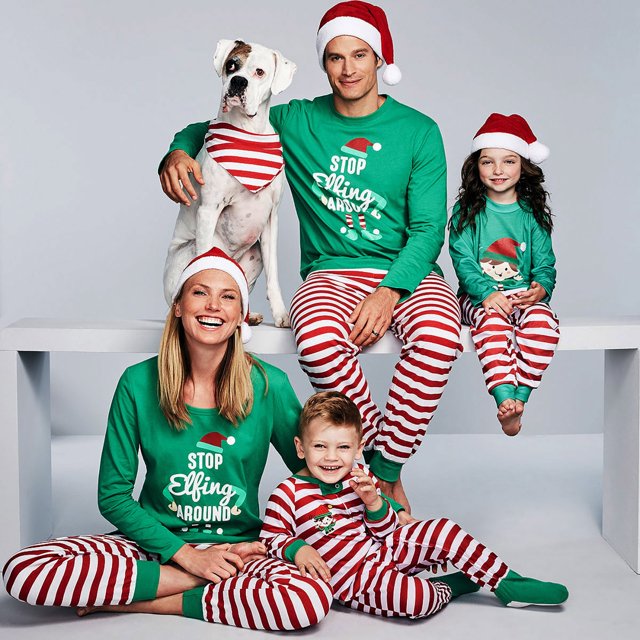 Pyjamas de Noël Assortis pour la Famille Ensemble de Pyjama Décontracté d'Automne et d'Hiver à Manches Longues avec Col Rond et Ourlet Imprimé de Noël Rayé Ensemble de Pyjama de Noël Papa Taille:TTG