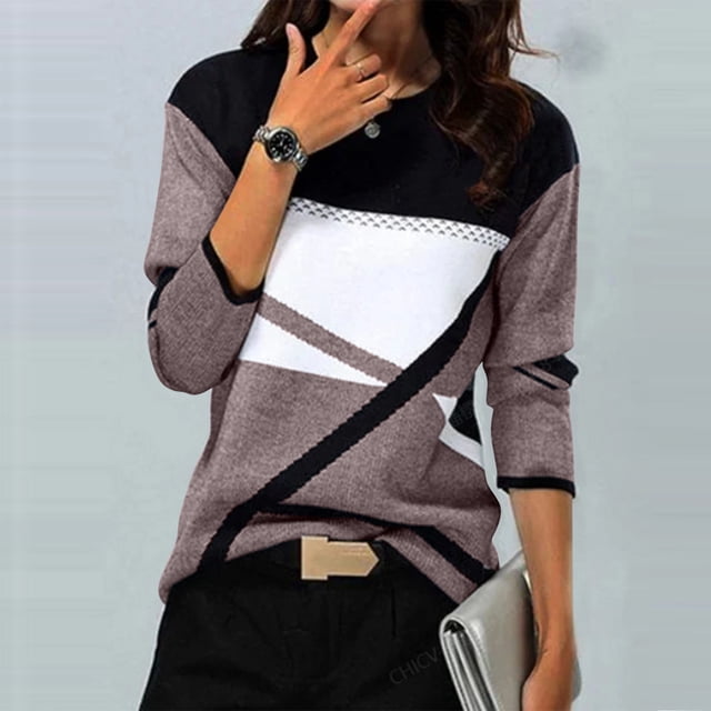 DPTALR T-shirt Décontracté pour Femmes à Imprimé Géométrique, Blouse à Manches Longues, Col Rond, Hauts Décontractés
