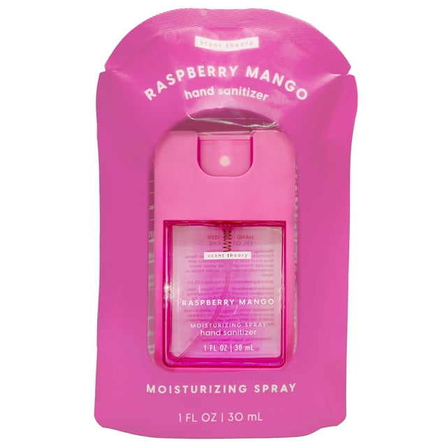Scent Theory Hand Sanitizer Spray, Raspberry Mango, 1 fl oz, displayed in bright pink packaging with a transparent spray bottle. The label emphasizes its moisturizing formula with 62% Ethyl Alcohol and aloe vera, featuring a blend of pink raspberry, fresh mango, and creamy vanilla scents. Ideal as a travel size hand sanitizer for on-the-go use.