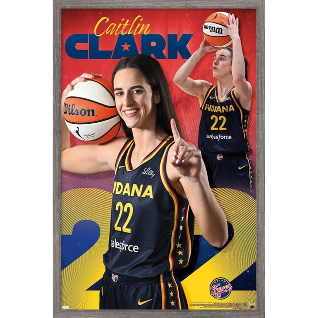 WNBA Indiana Fever - Caitlin Clark 24 Affiche Murale, 14,725 Po x 22,375 Po Encadrée Montrant Caitlin Clark en Uniforme de basketball Bleu Marine Indiana Fever Numéro 22 avec Bordure Jaune et Rouge, Tenant un Ballon de basketball Wilson et Levant un Doigt, sur Fond Rouge avec Grand Numéro Jaune 22 et logo d'Équipe, Idéale pour la Décoration Murale de Chambre Ou de Bureau.