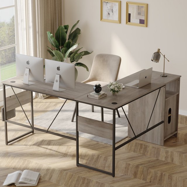 Bestier Reversible 60 inches L Shaped Computer Desk with Storage Cabinet Office Desk for 2 Person