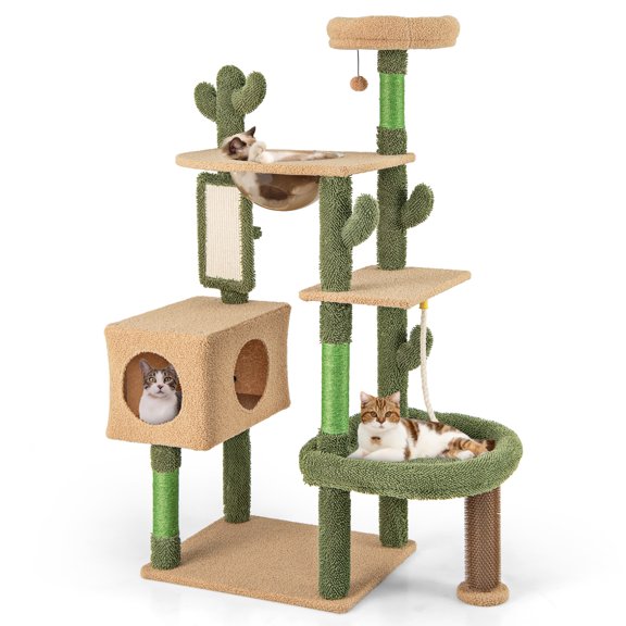 Gymax Arbre à Chat Cactus 59 Pieds' pour Chats d'Intérieur avec Poteaux à Griffer en Sisal et Panneau, Condo