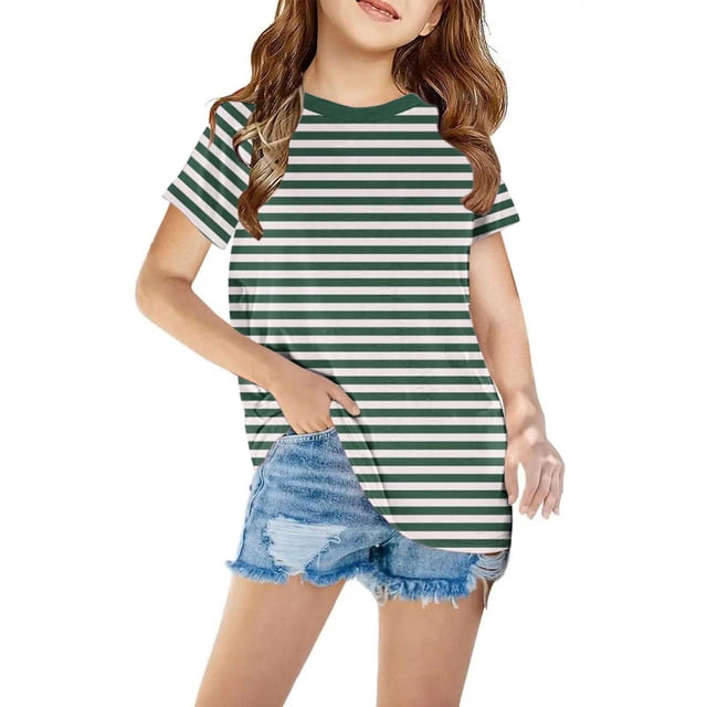 Penkiiy T-Shirts à Manches Courtes à Blocs de Couleur Rayés pour Filles, Col Rond Décontracté, Été, Mignons, Hauts Tee 4-13 Ans Vert