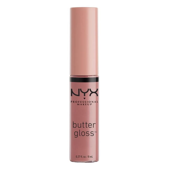 NYX Professional Makeup Butter Gloss lip gloss in an 8 mL tube with a soft pink shade and matching cap, offering a buttery soft, non-sticky formula that melts onto lips with sheer to medium coverage and a shiny finish, ideal for wearing alone or over lipstick.