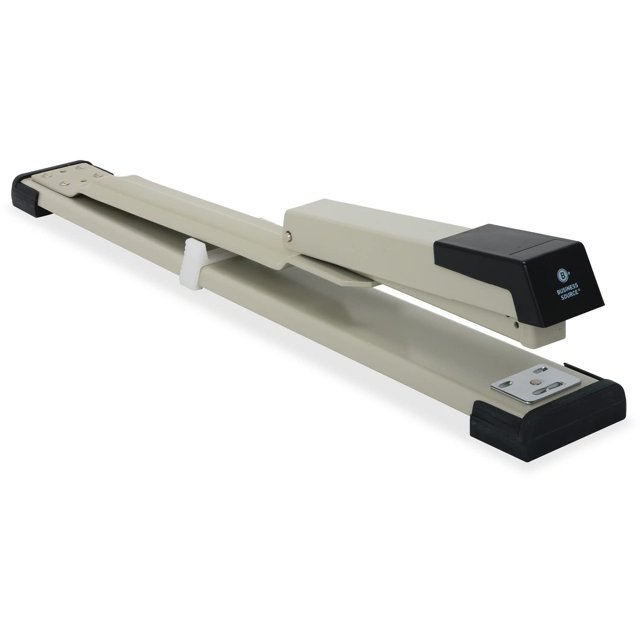 Business Source 62827 Stapler Long Reach with a 20-sheet capacity, featuring a putty, gray, and black colour scheme. Designed for extended reach stapling, ideal for binding large documents or booklets. The stapler has a durable metal construction with a sleek, elongated design and a black plastic cap on the stapling head.
