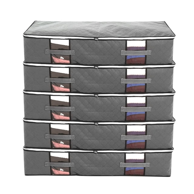 Storage Bags for Clothes Under Bed Storage Bag 5-Pack featuring foldable design and large capacity. Made of durable Oxford cloth with reinforced handles and sturdy sidewalls. Each bag includes a plastic panel structure, two-way stainless steel zippers, and oversized transparent windows for easy visibility. Ideal for storing clothes, blankets, shoes, and seasonal items. Shown in a stack of five gray bags with quilted texture and side handles.