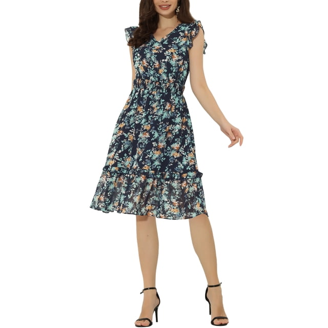 INSPIRE CHIC Robe pour Femme à Fleurs Manches Volantées Col en V Décontractée Smockée à Volants Robes TP Bleu Foncé Blanc