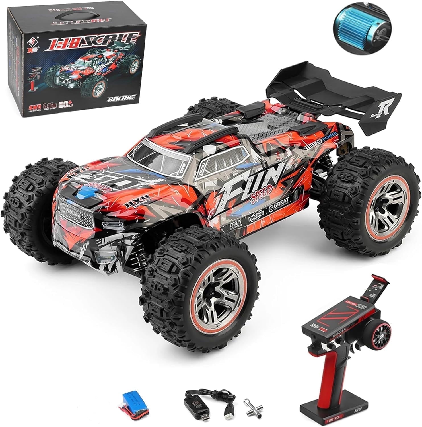 Bruce&Shark RC Car WLtoys 184008 Brushless for Adults Kids, 37MPH High Speed Remote Control Car, 4WD 1:18 Scale All Terrain Off Road RC Truck, 2.4GHz RC Racing Car with Batteries