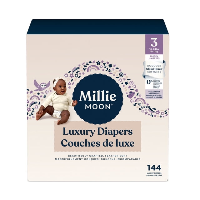 Millie Moon Luxury Diapers Size 3 box containing 144 unisex disposable diapers for babies 13-24 lbs (6-11 kg), featuring CloudTouch™ softness, dermatologist tested for sensitive skin, free from lotions, latex, and fragrance, with up to 12 hours of leak protection.
