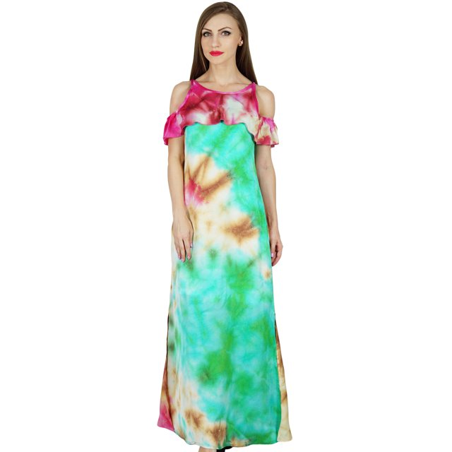 Bimba Robe Maxi à Épaules Dénudées Style Chic pour Femmes Teinture sur Nœuds Vêtements de Villégiature