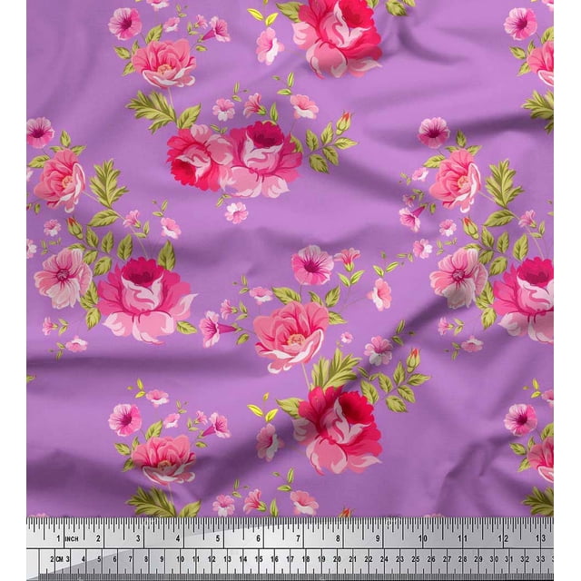 Soimoi Tissu Satin Modal Feuilles, Roses et Pivoines Imprimés Floraux au Mètre 42 Pouces de Large