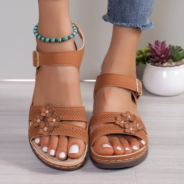 Drppepioner Sandales pour Femmes, Nouvelles Sandales d'Été de Commerce Extérieur Grande Pointure à Talon Compensé à Bout Ouvert Couleur Unie Grande Pointure à Bride Simple Sandales de Plage Brun