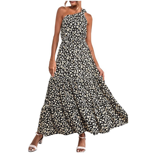 RKSTN Women's Summer Dress One Shoulder Sleeveless Long Dress Printing Ruffle Maxi Dress